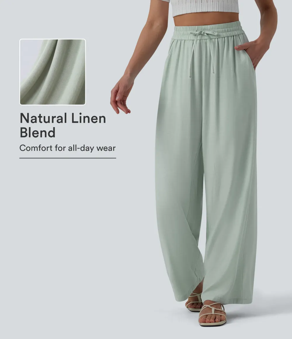 2026🔥High Waisted Drawstring Wide Leg Casual Linen-Blend Trousers with Pockets