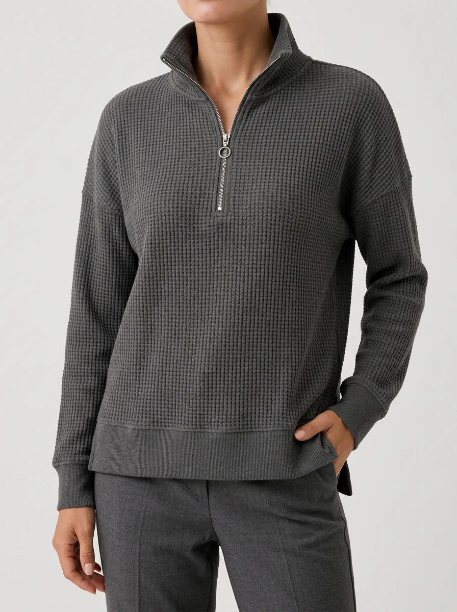 Women's Charcoal Waffle Knit Quarter Zip Pullover Top
