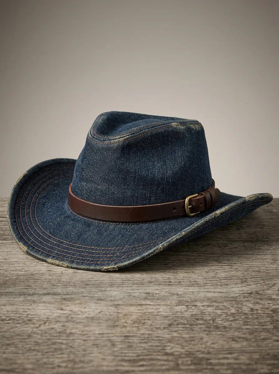 Outdoor Ready Leather Look Curved Brim Weathered Look Men's Cowboy Hat