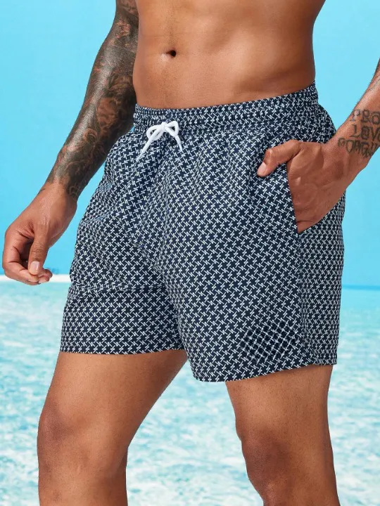 Men's Allover Print Patch Detail Drawstring Swim Trunks