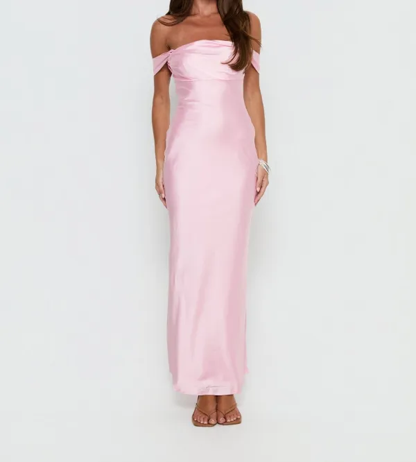Pink Off-Shoulder Ruched Satin Maxi Dress