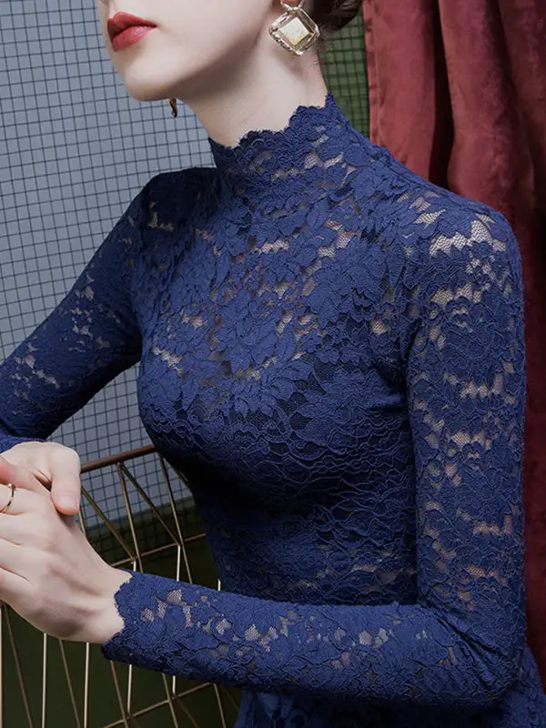 Long Sleeve Curve Fit Gauze Sheer Panel Detail High Neck T-Shirt