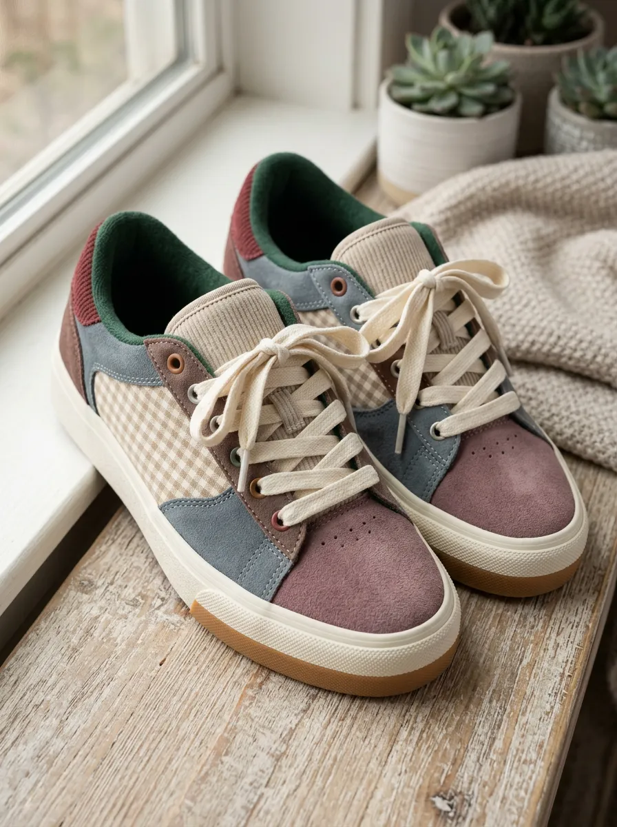 Women's Classic Vintage Gingham Patchwork Suede Skate Shoes