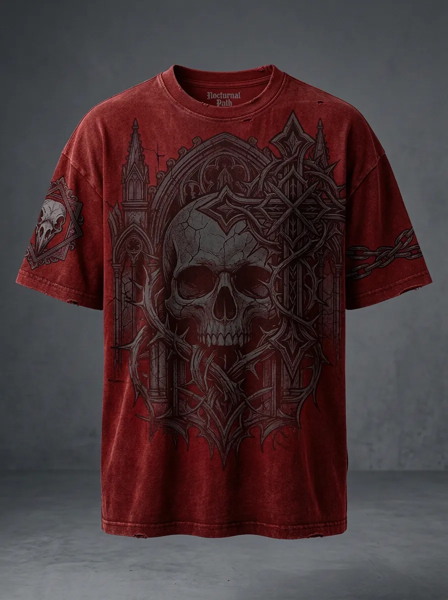 Statement Skull Cross Cathedral Detail Men's Gothic T-Shirt