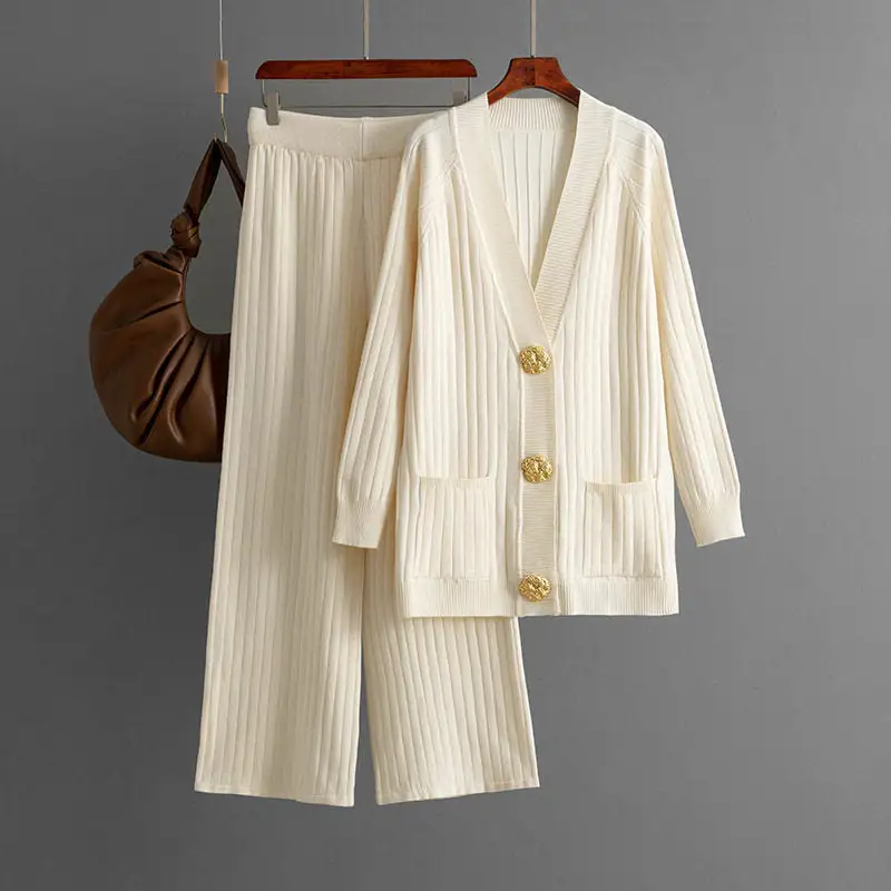 Loose Sweater Cardigan Wide Leg Pants Set