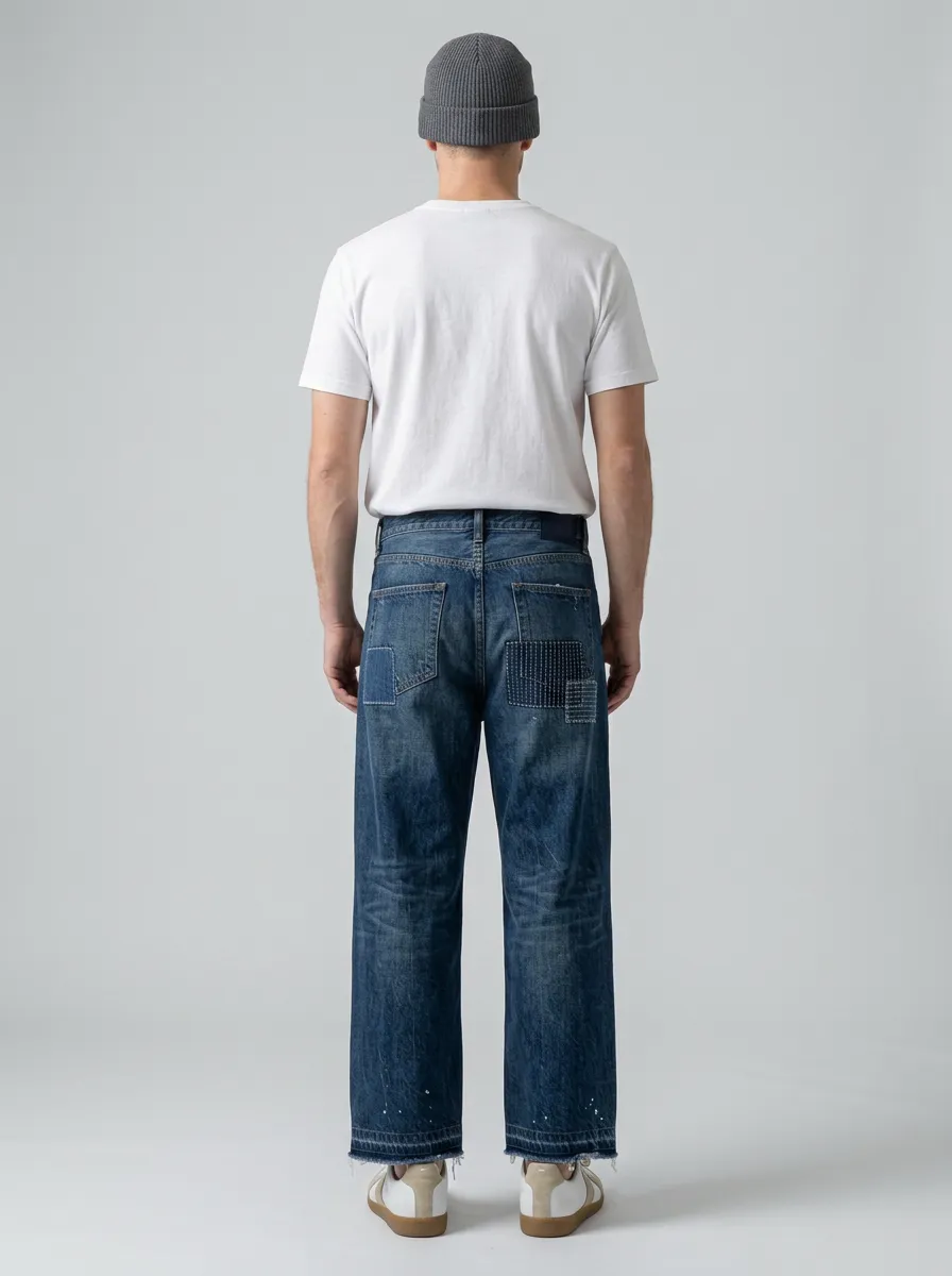 Men's Vintage Style Sashiko Patchwork Printed Wide Leg Jeans
