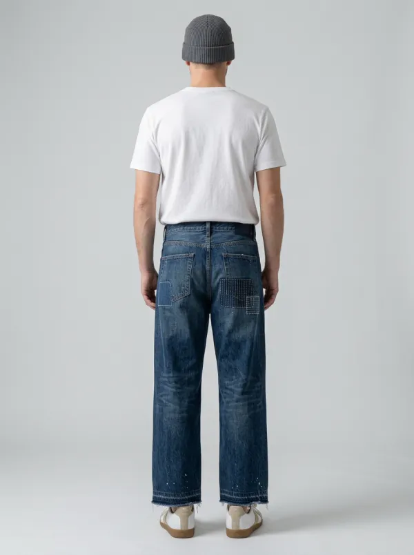 Men's Vintage Style Sashiko Patchwork Printed Wide Leg Jeans