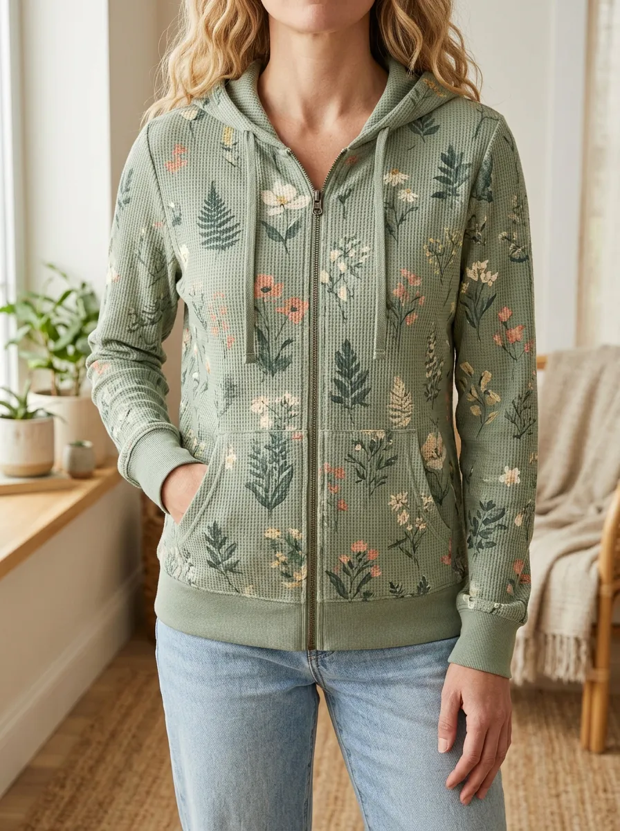 Women's Botanical Floral Signature Pattern Waffle Zip-Up Hoodie
