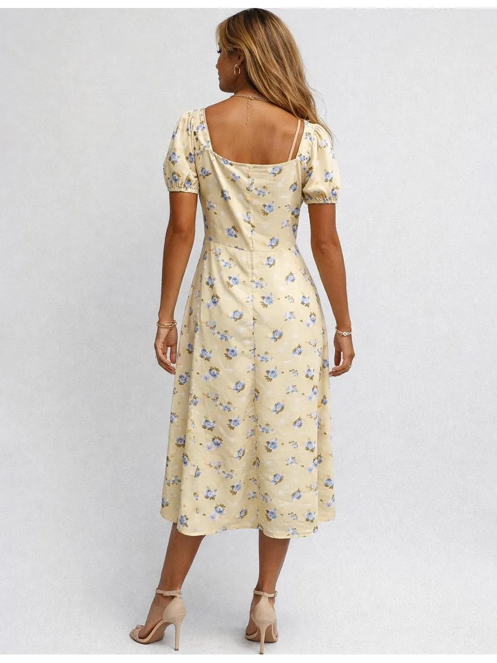 Square Neck Puff Sleeves Boho Midi Dress