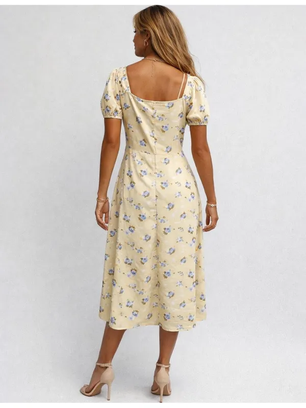 Square Neck Puff Sleeves Boho Midi Dress