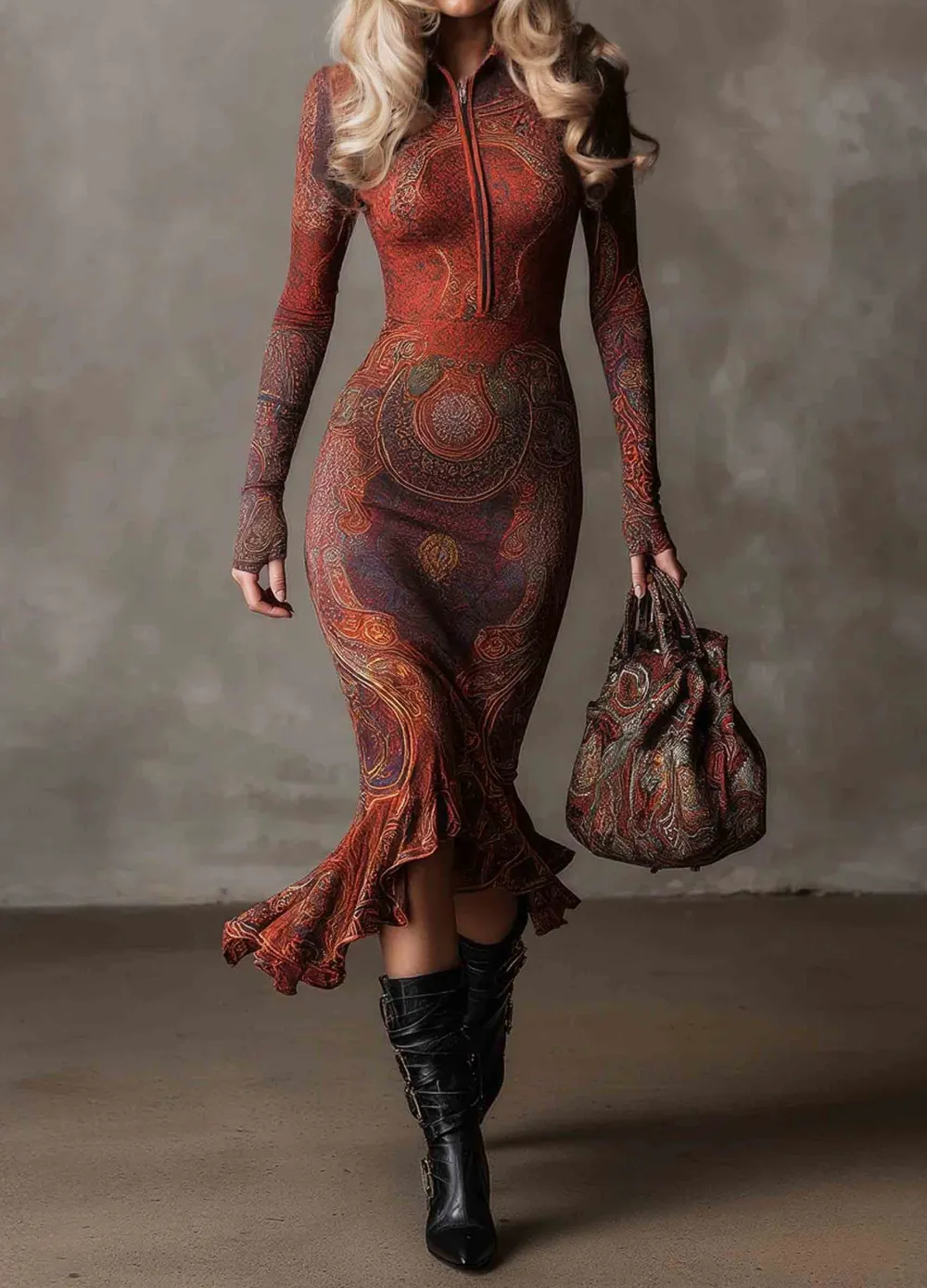 Retro Bohemian Print Irregular Midi Dress