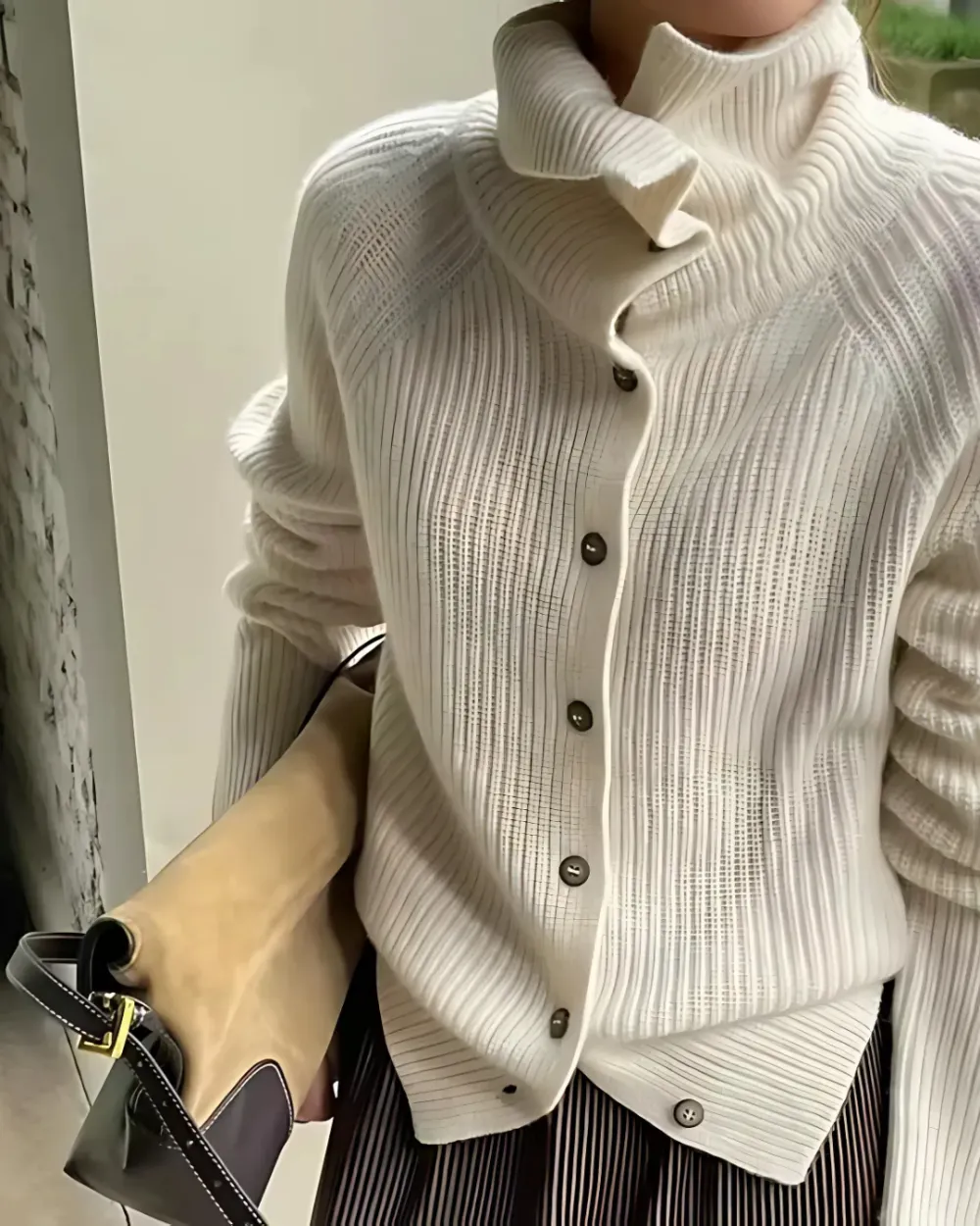 Cashmere Blend Ribbed Turtleneck Knit Cardigan