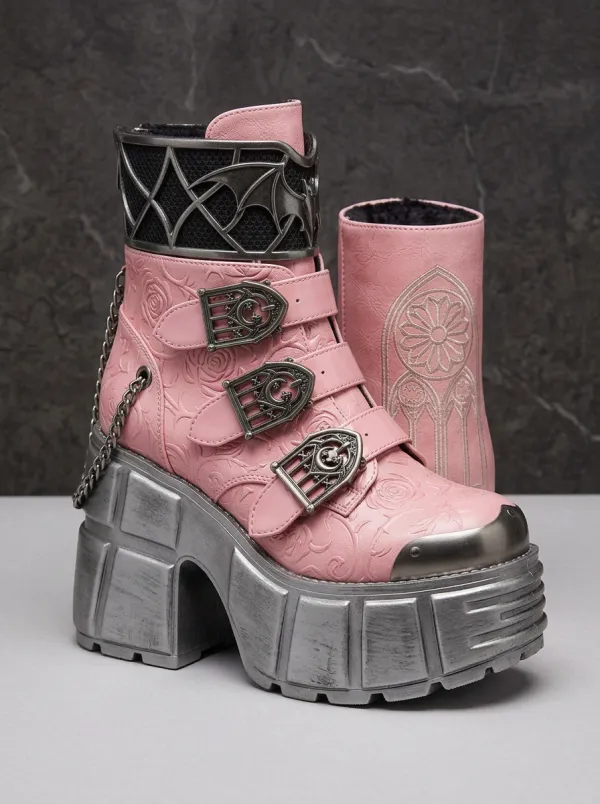 Dramatic Bat Rose Buckle Darkwear Style Women's Gothic Platform Boots