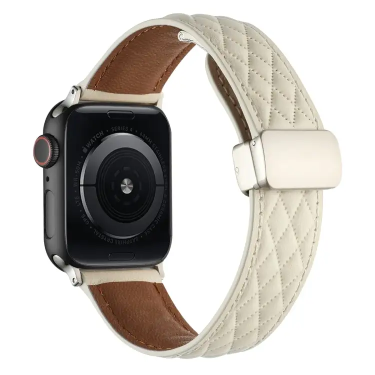 Rhombus Pattern Magnetic Folding Buckle Leather Watch Band for Watch SE 2022 44 mm - Creamy White