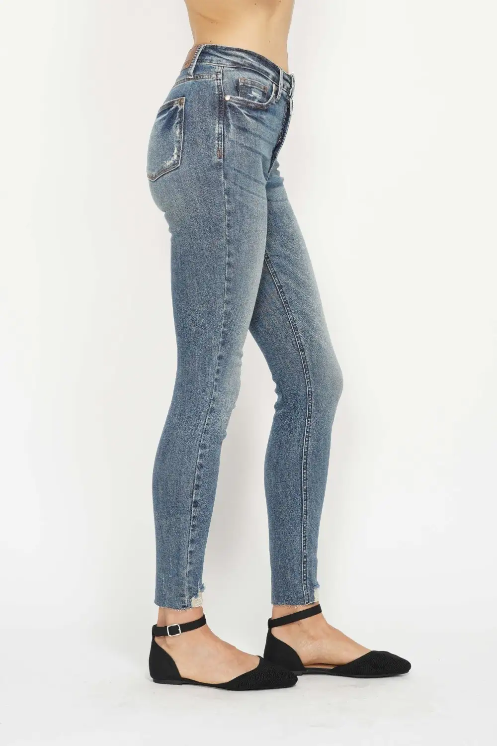 Tummy Control Vintage Wash Hem Destroy Denim Jeans
