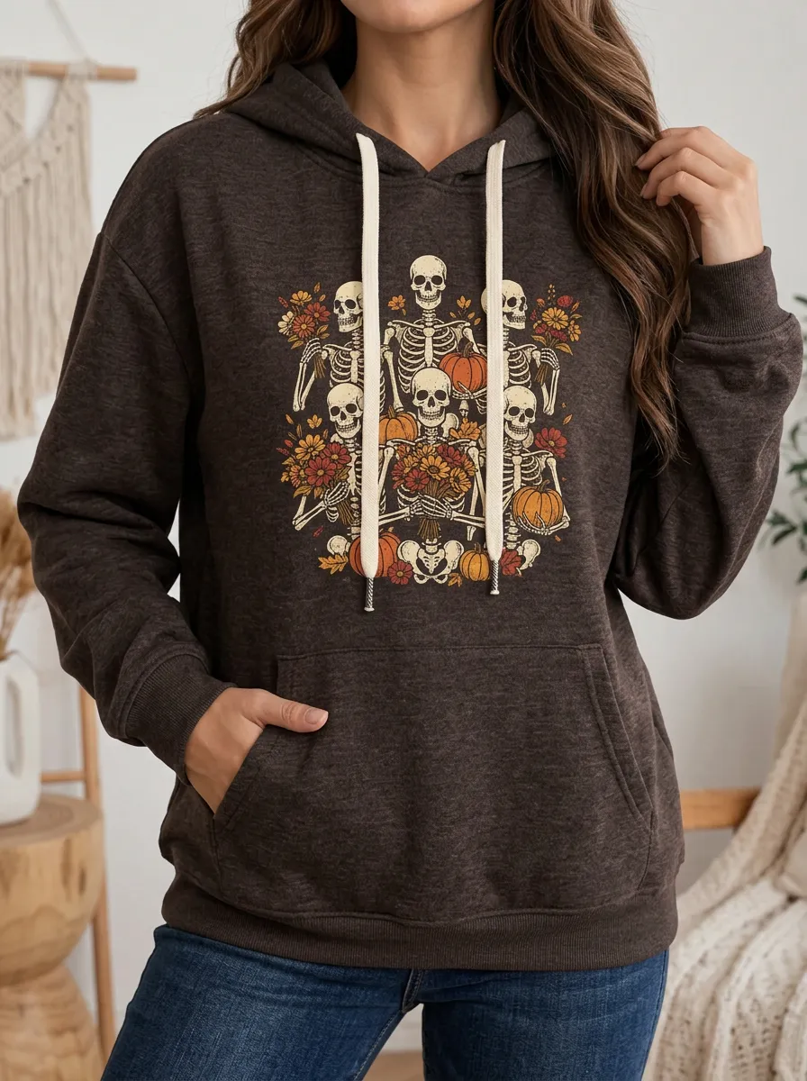 Women's Halloween Skeleton Pumpkin Floral Printed Hoodie
