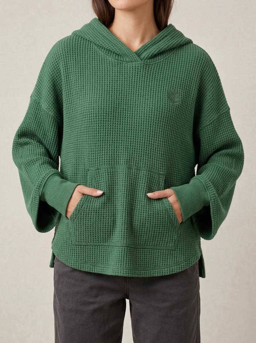 Women's Green Leaf Embroidered Waffle Knit Hooded Top