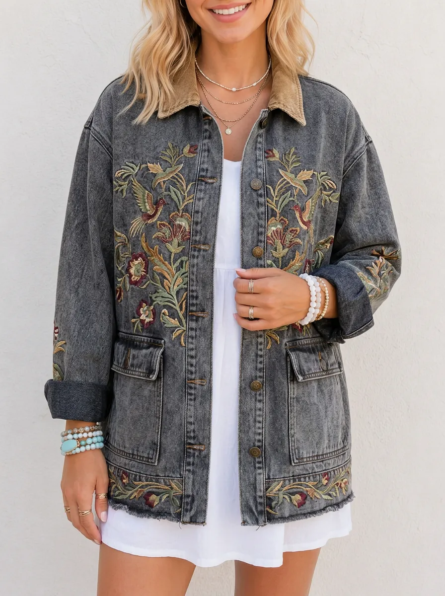 Women's Vintage Floral Bird Embroidered Washed Denim Jacket