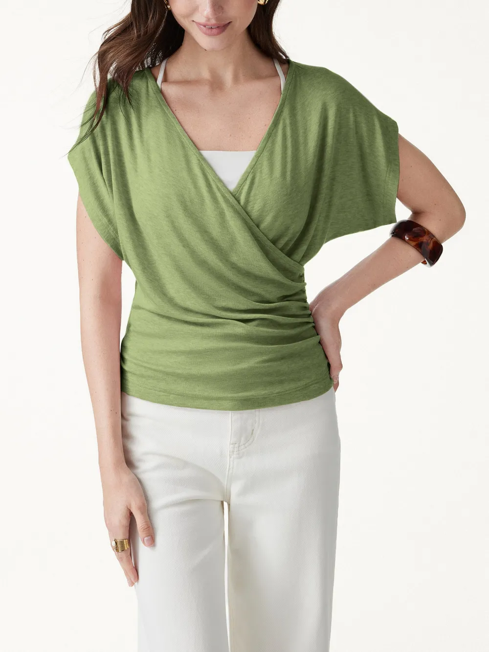 Summer Lyocell Wool Surplice Ruched Short Sleeve Top