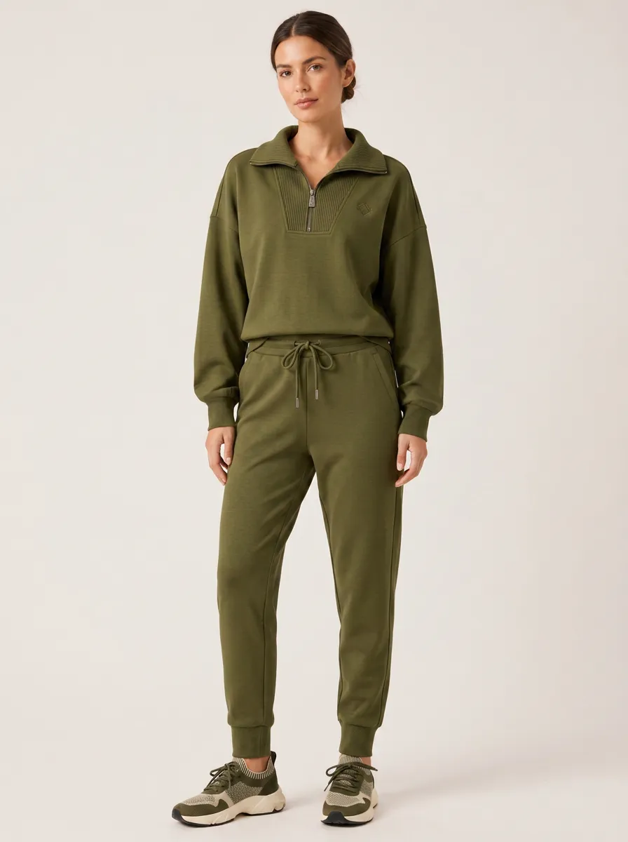 Women's Olive Green Quarter-Zip Pullover Jogger Lounge Set