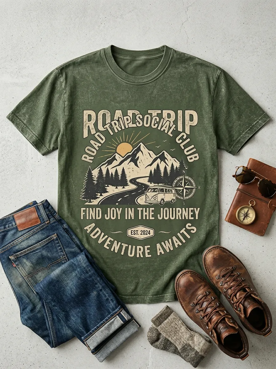 Unisex Road Trip Lover Mountain Van Compass Printed T-shirt