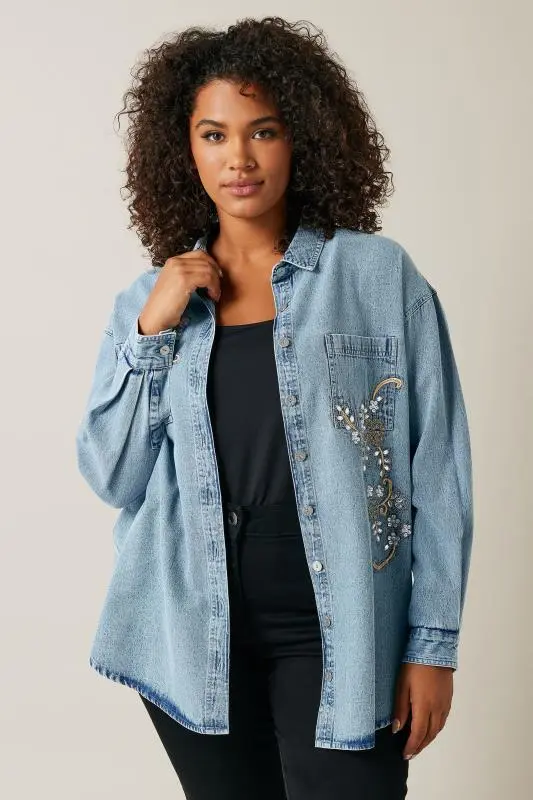 Blue Denim Sequin Embellished Shirt