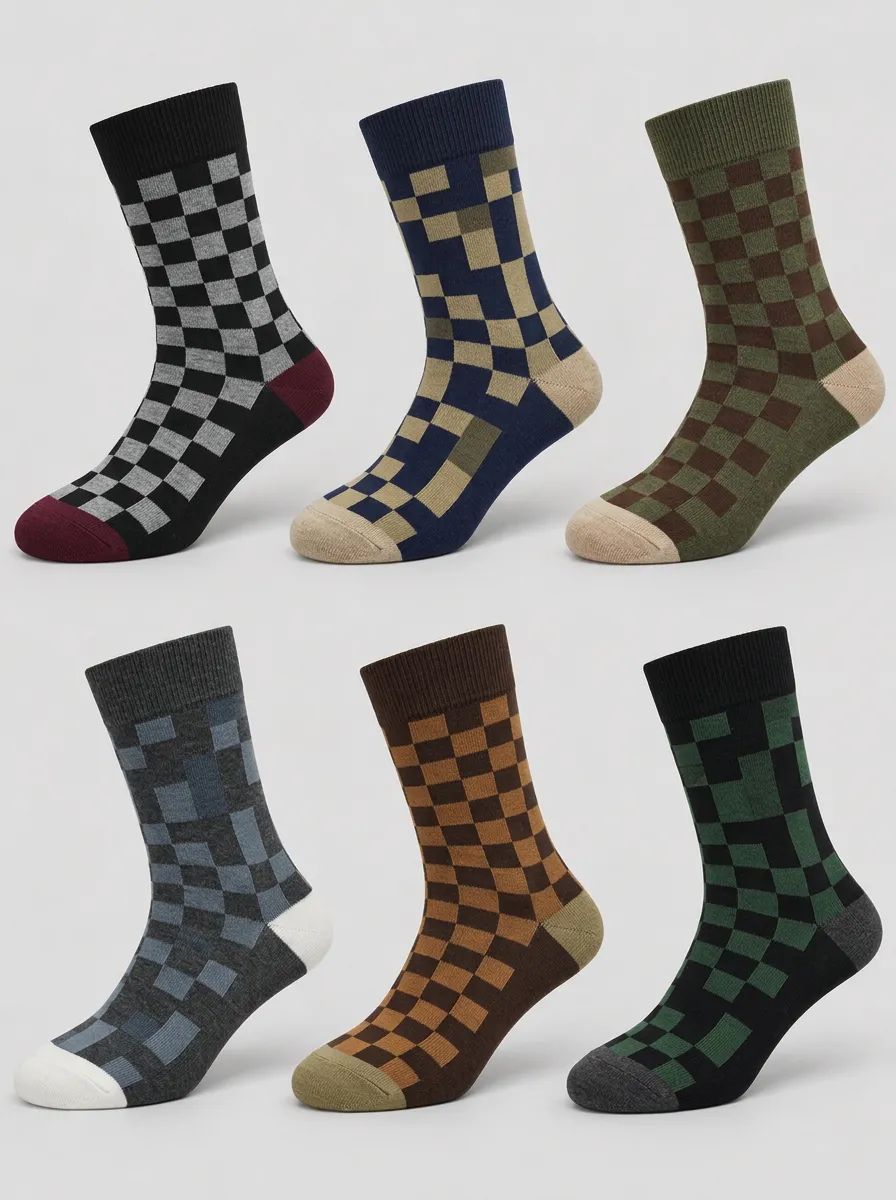Men's Multi-Color Checkerboard Ribbed Crew Allover Socks 6-Pack