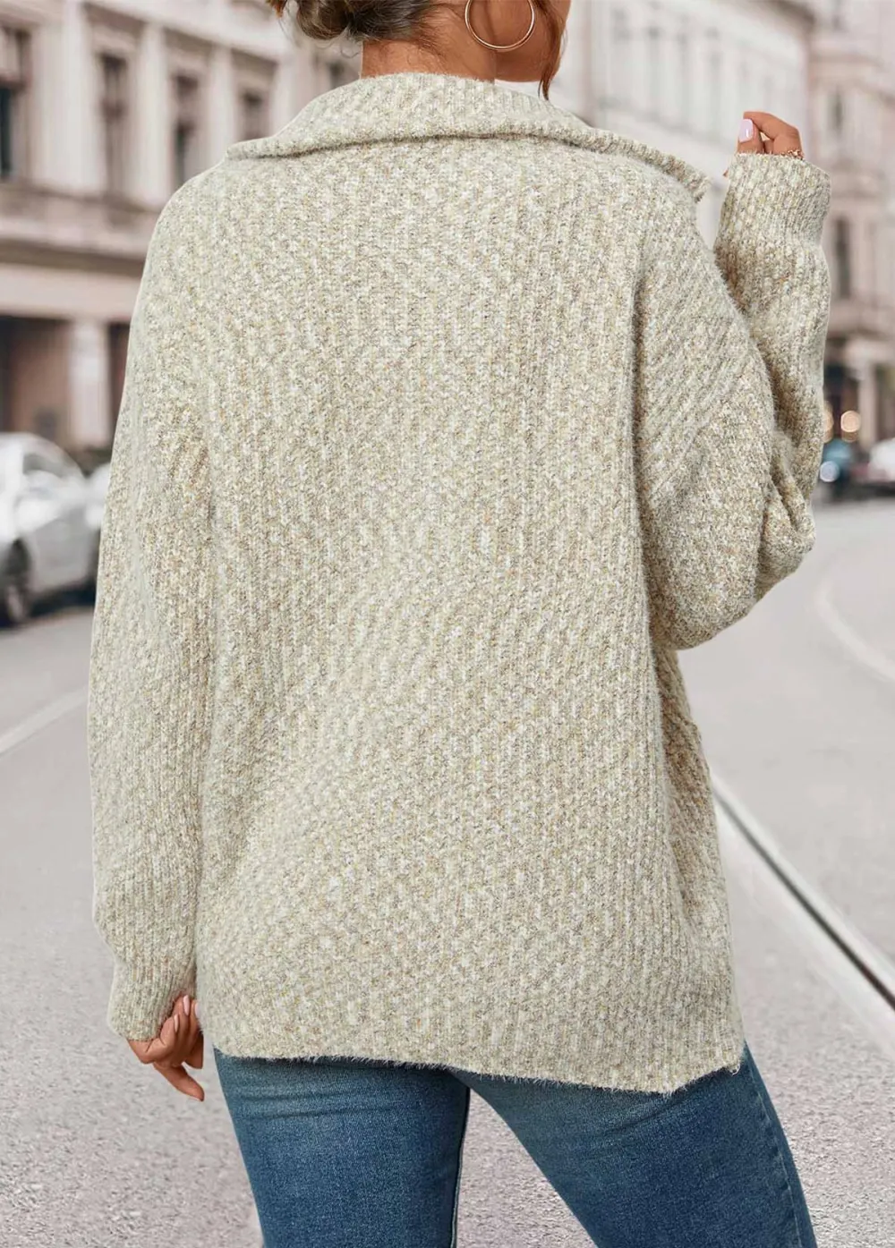 Beige Zipper Long Sleeve Turn Down Collar Coat