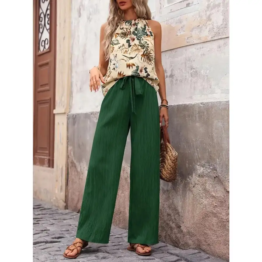 Printed Tank Top and Wide Leg Pants Set