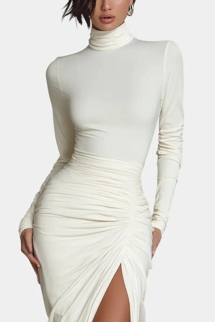 Fitted High-Neck Midi Dress