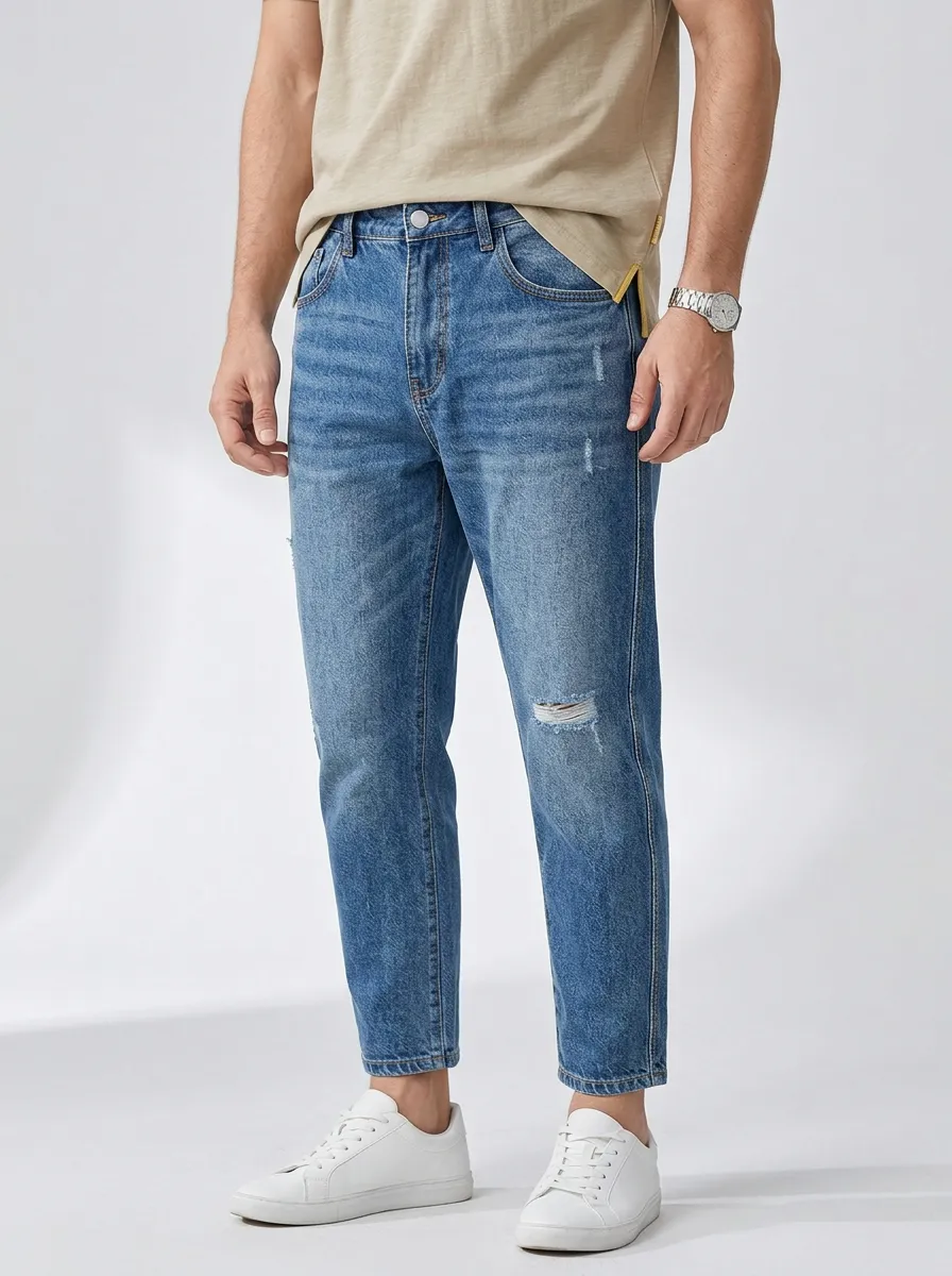 Men's Mountain Lover Olive Embroidered T-shirt and Distressed Jeans Set