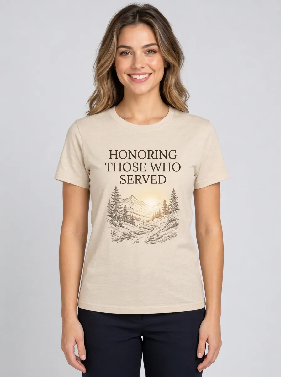 Women's Veterans Day Honoring Those Who Served Mountain Landscape Graphic Crewneck T-Shirt