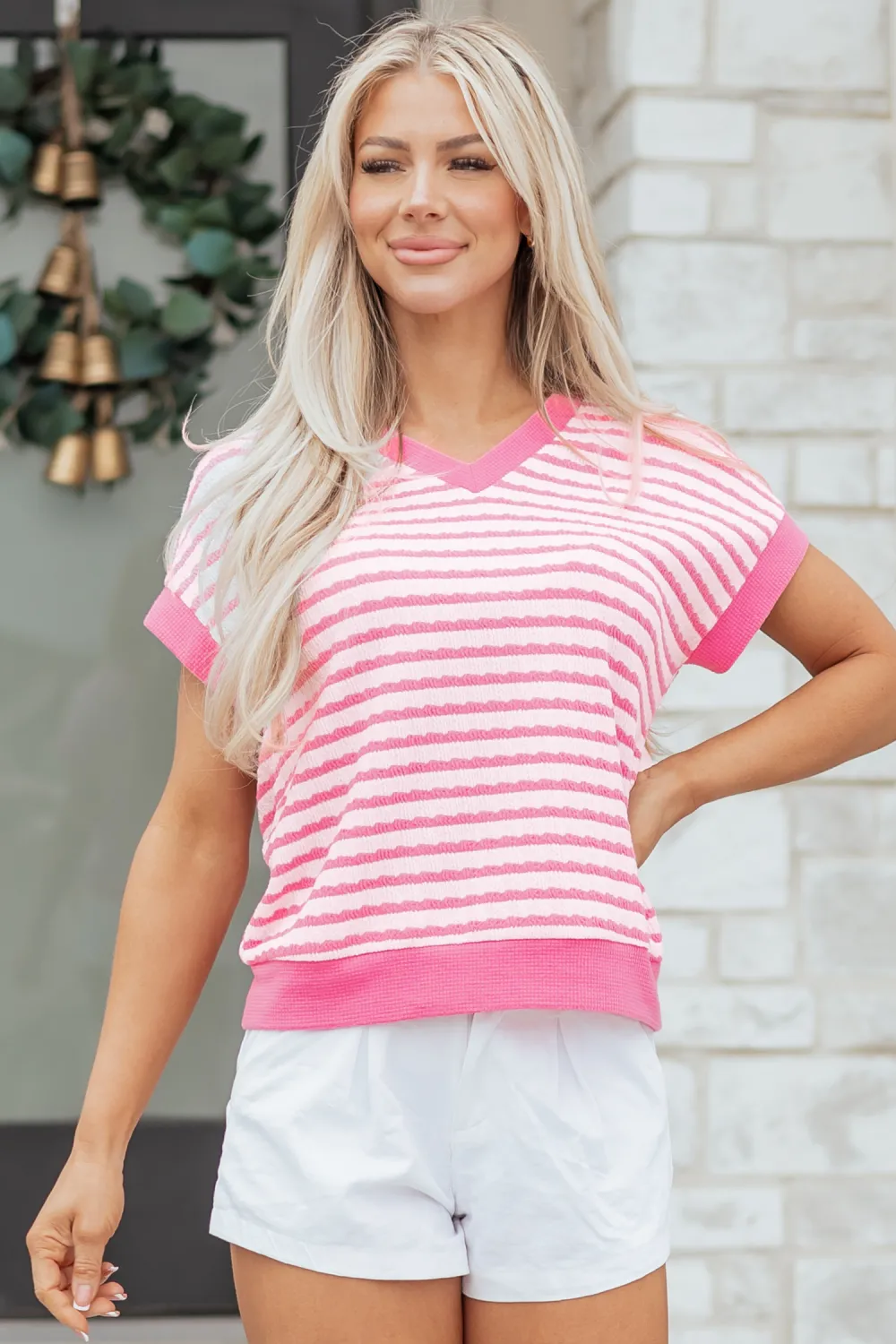 Pink Stripe Textured Knit Contrast Top