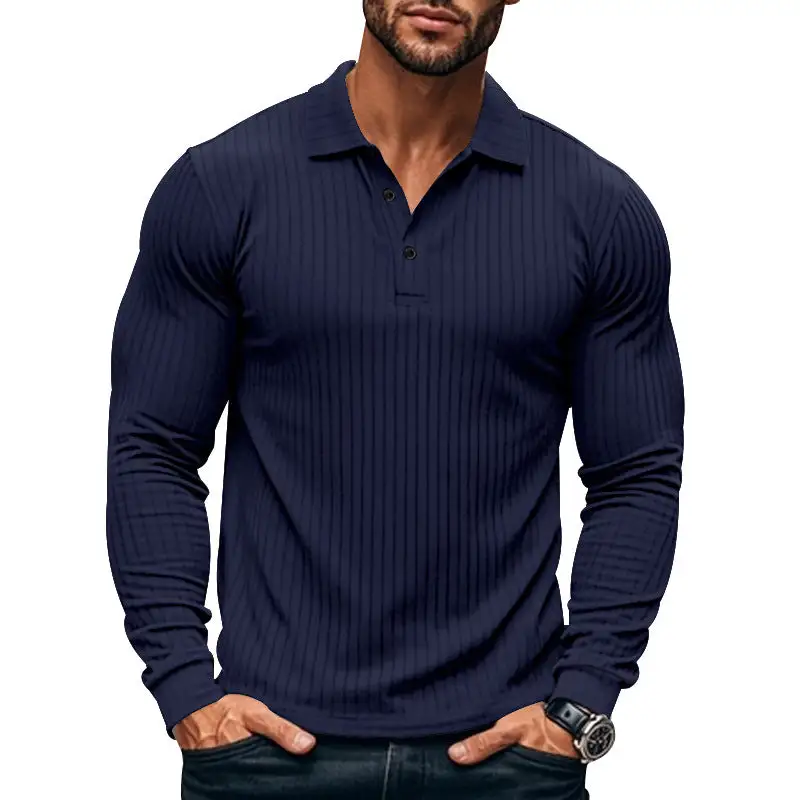 Ribbed Button Placket Spread Collar Polo Shirt