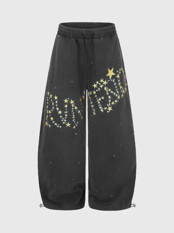 Wide-Leg Star-Graphic Washed Denim Pants