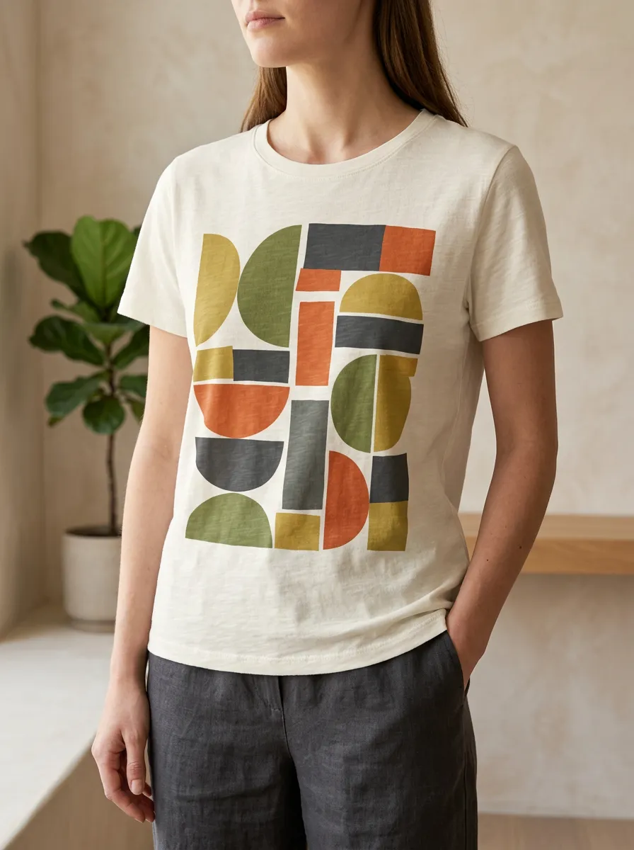 Women's Dynamic Mid-Century Modern Geometric Abstract Crew Neck T-Shirt