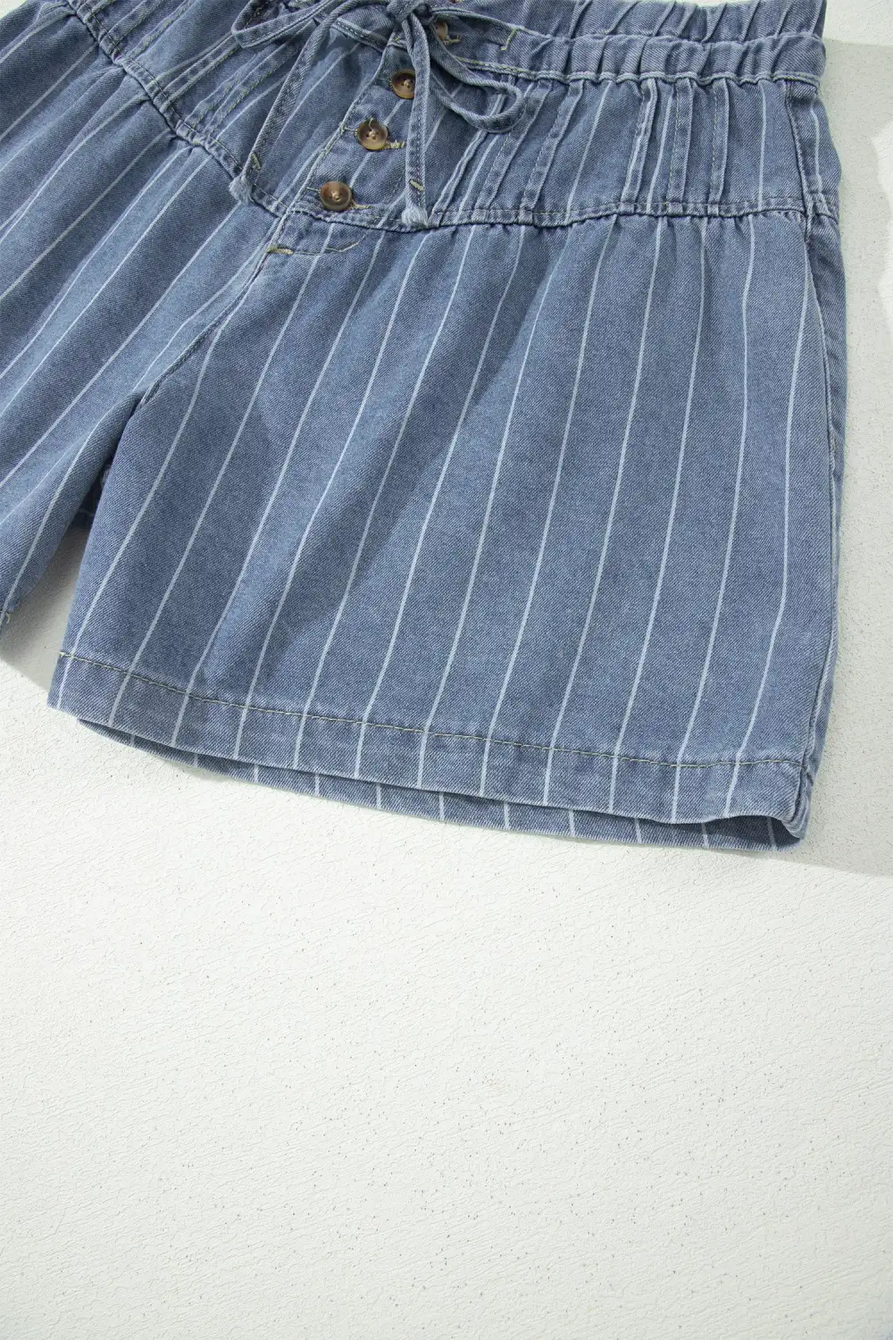 High-Waist Drawstring Pleated Striped Denim Shorts