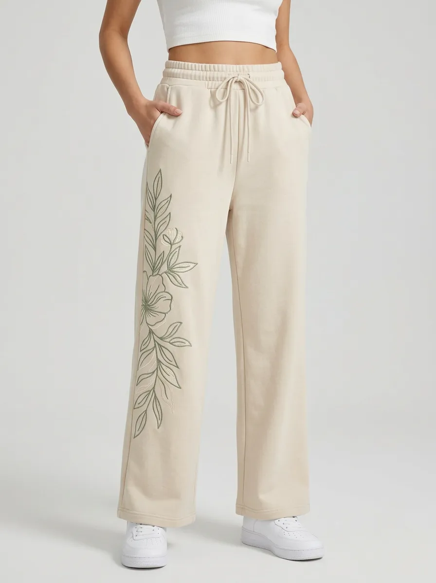 Women's Botanical Floral Side Graphic Beige Sweatpants