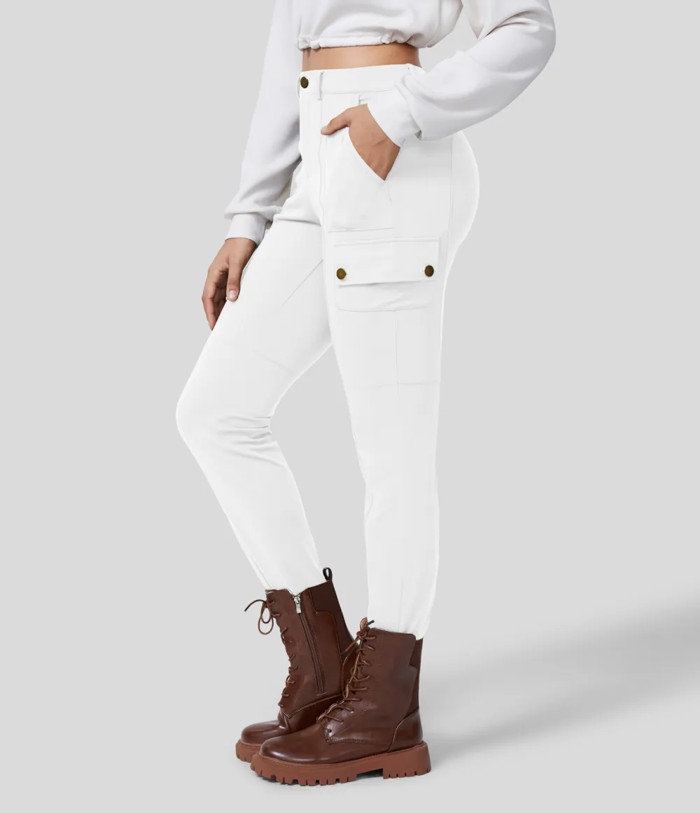 High Waisted Button Zipper Multiple Pockets Solid Skinny Cargo Pants