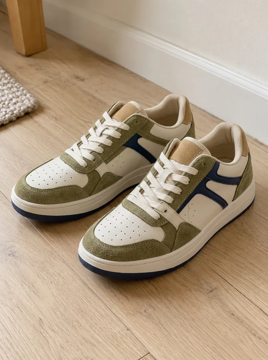 Women's Olive Green Suede Colorblock Casual Printed Sneakers