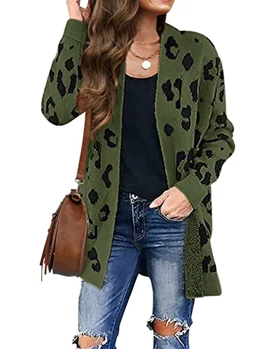 Women's Long Sleeves Open Front Leopard Print Knitted Sweater Cardigan Coat Outwear