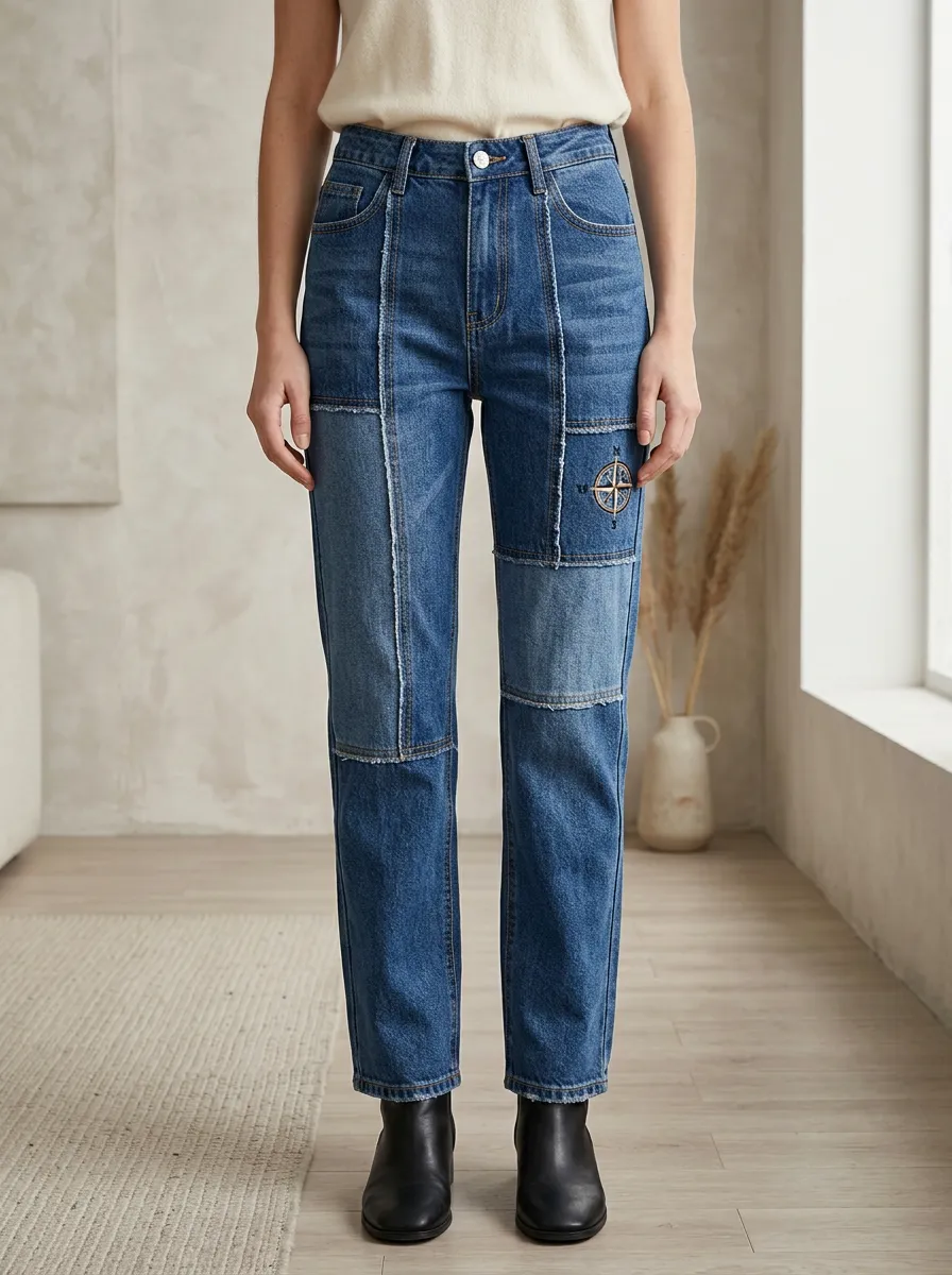 Women's Compass Patchwork Denim Printed Jeans