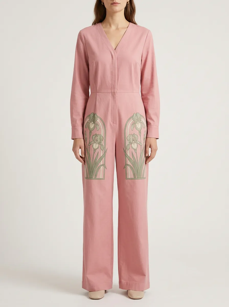 Women's V-Neck Embroidery-Detail Floral Jumpsuit