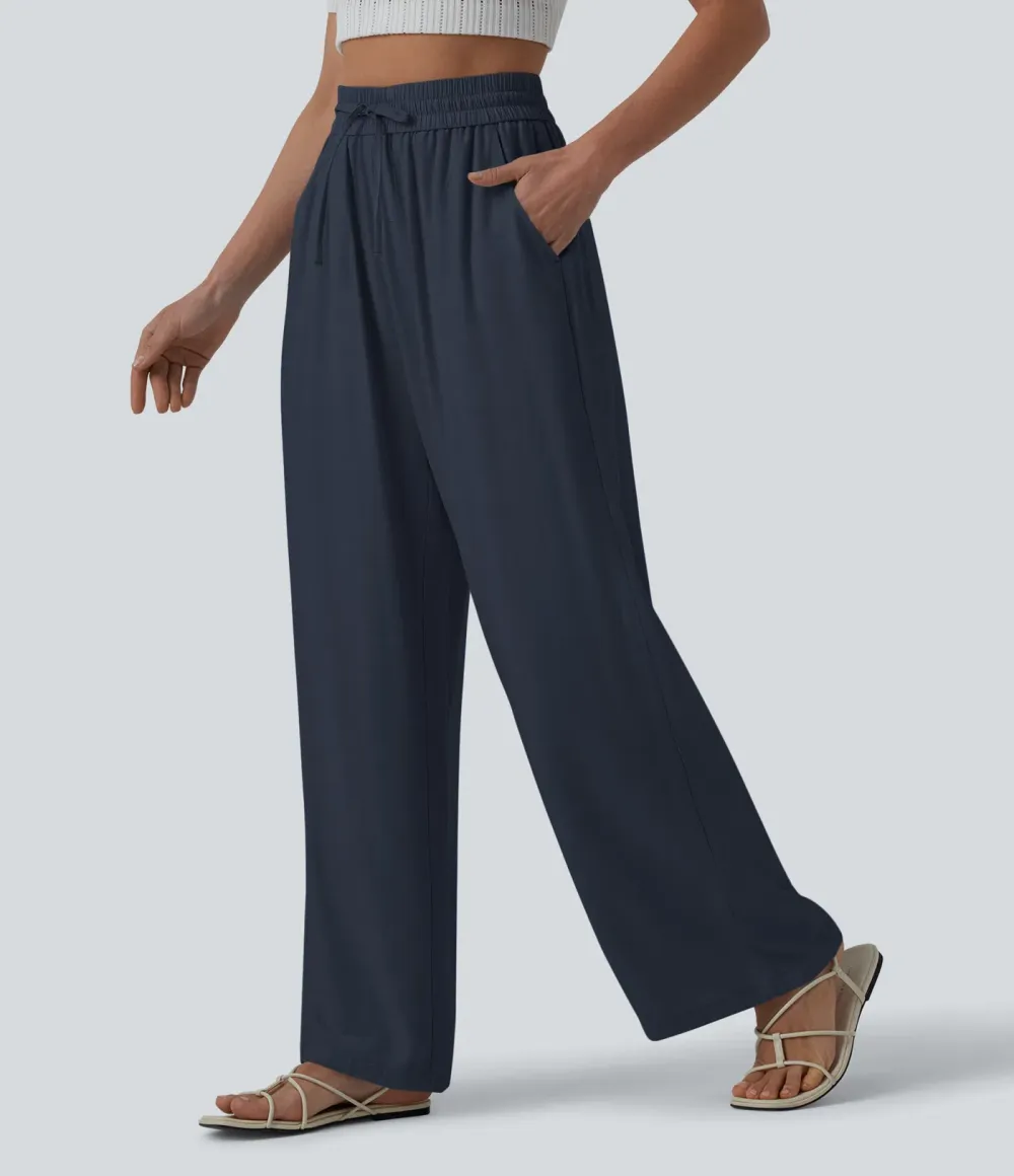 2026🔥High Waisted Drawstring Wide Leg Casual Linen-Blend Trousers with Pockets