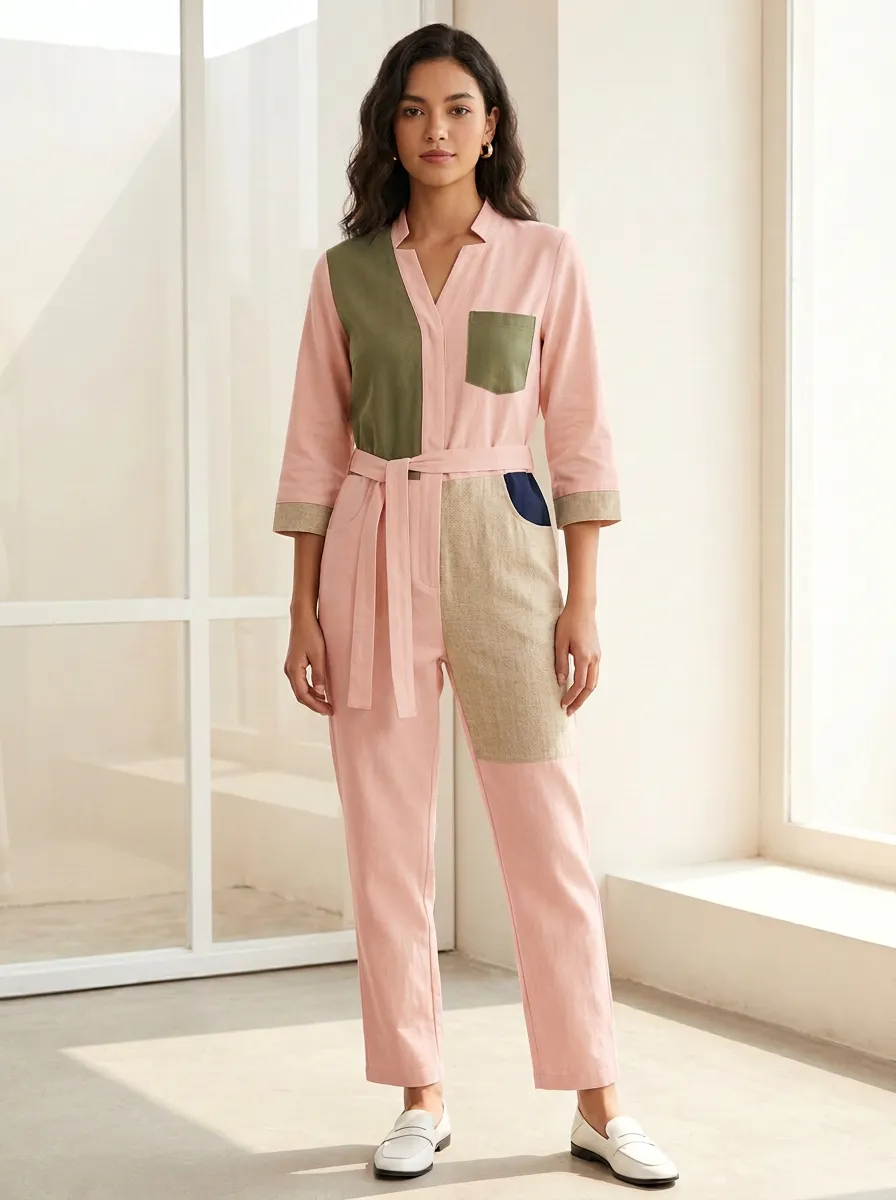 Women's Marin Casual Minimalist Patchwork Colorblock Belted Jumpsuit