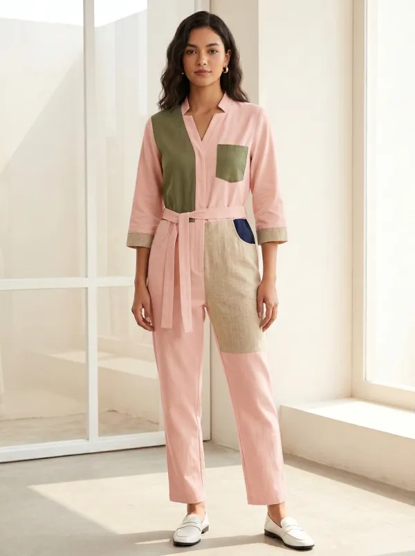 Women's Marin Casual Minimalist Patchwork Colorblock Belted Jumpsuit