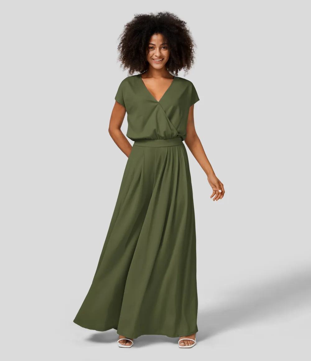 V Neck Short Sleeve Plicated Side Pocket Wide Leg Flowy Waffle Casual Jumpsuit