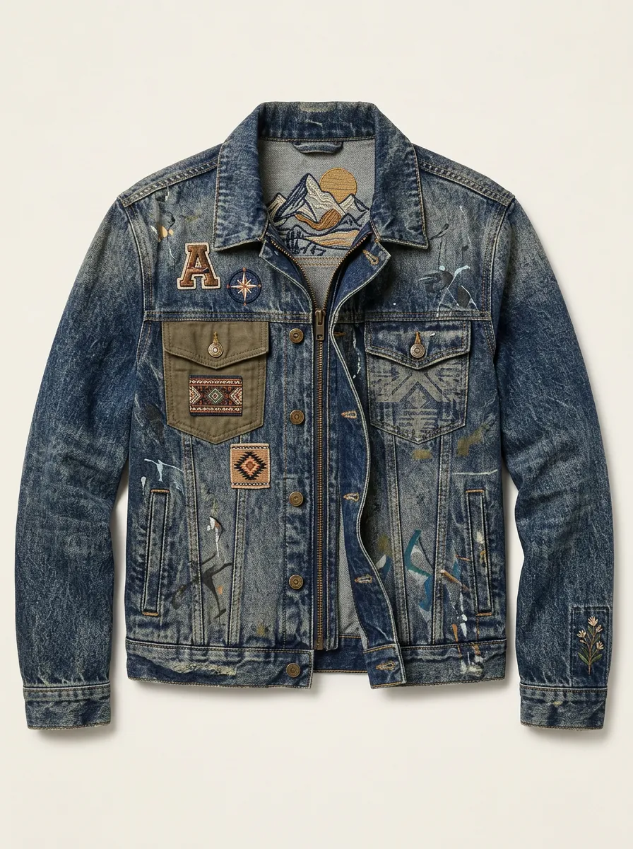 Men's Outdoor Adventure Mountain Pattern Embroidered Denim Jacket