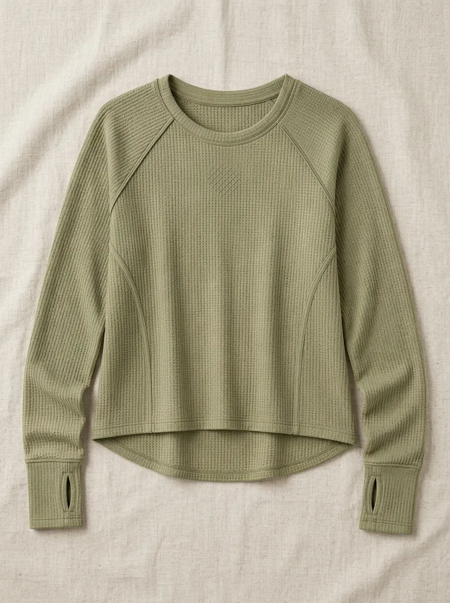 Women's Active Athletic Waffle Knit Thumbhole Long Sleeve Top