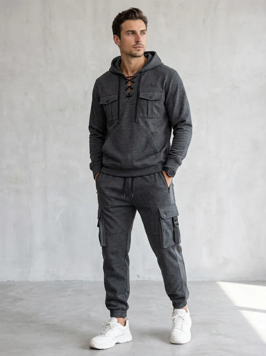 Urban Lace-Up Mountain Graphic Classic Look Men's Lace Up Hoodie And Cargo Jogger Set